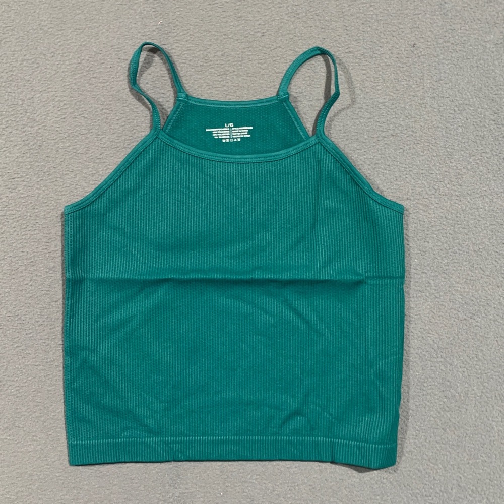 New Turquoise Ribbed Seamless Crop Tank Top Women's Size L G Spaghetti Strap